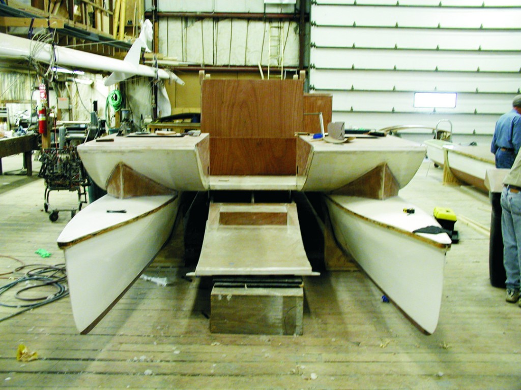 Gougmaran’s bow showing the wave deflectors and the walk-on ramp in the down position.