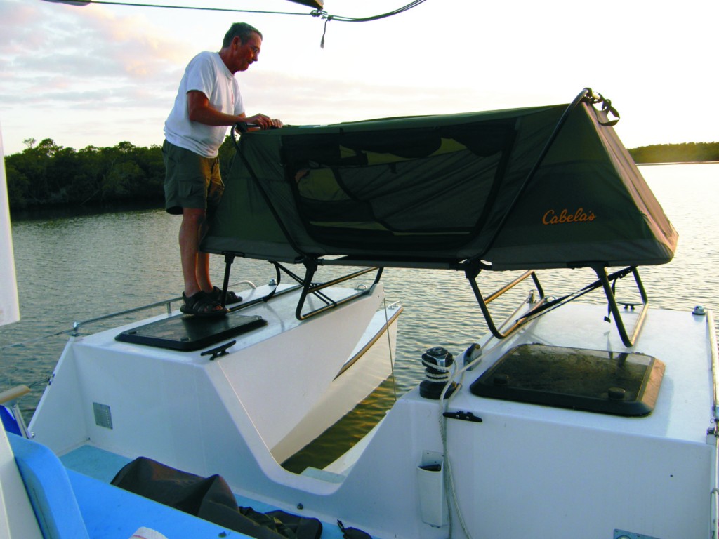 Jan setting up his portable tent/cot on the front deck.