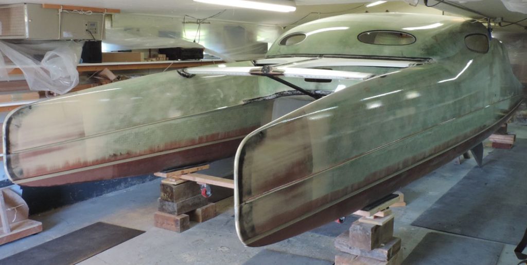 G-32 catamaran undergoing refinishing