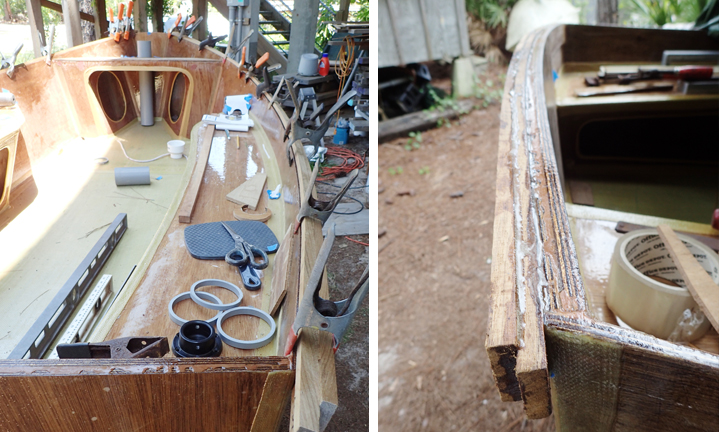 Left: Dry fitting the rabbeted teak gunwales. Right: The teak gunwales epoxied together on the transom with Six10.