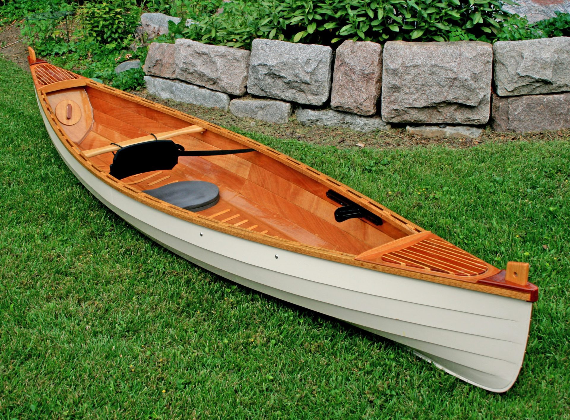 Wooden canoe on the lawn